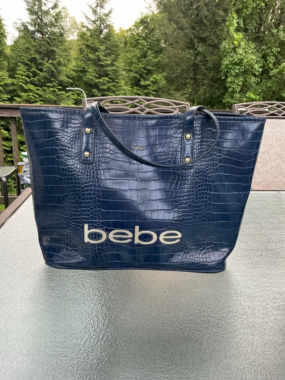 Bebe Navy Blue Croc Embossed Large Tote Bag Gold Logo Shoulder Purs